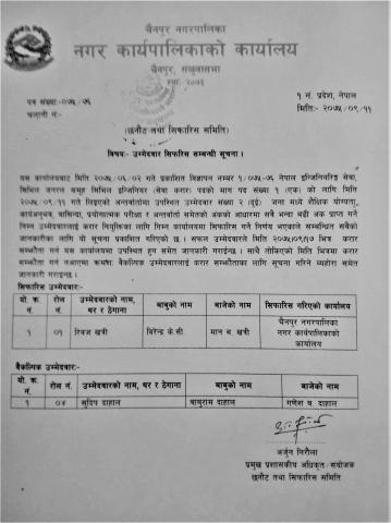 उम्मेद्वार सिफारिस सम्बन्धि सुचना ।